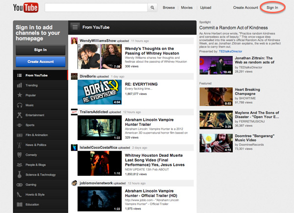 Go to www.youtube.com and click on Sign In at the top right.