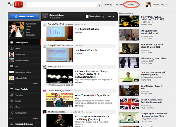 This is your home screen. To upload a new video, click on the Upload link on the top right near your username.