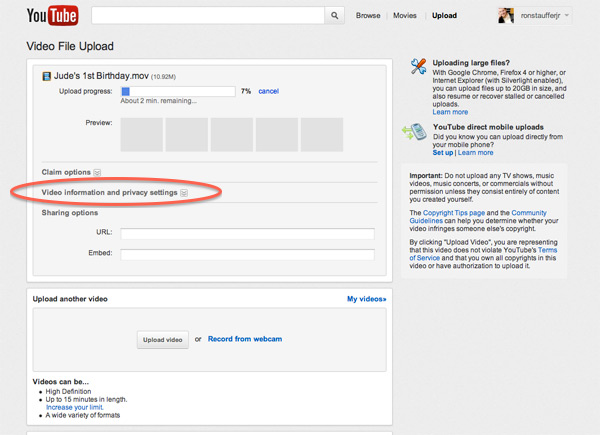 Your video will start uploading automatically. While the progress bar shows that your video is uploading, click on video information and privacy settings.