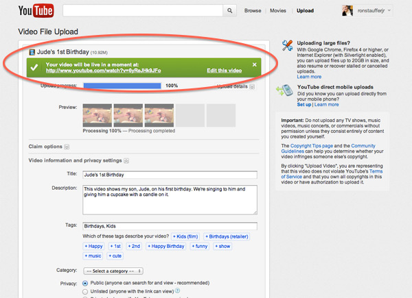 When the video is done uploading, you'll see the progress bar change to a check mark. This means you're done. Click the link in the window to take you straight to your new video.
