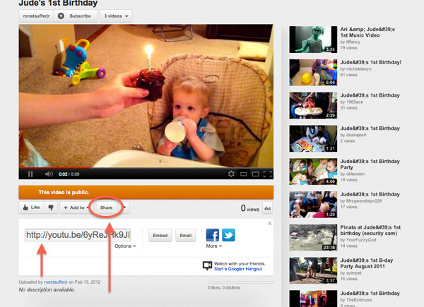 To share the video with friends, you can either copy the URL in the main browser window, or click on Share right under the video. This will give you a short link to share. Click on the short link box, then copy the link.